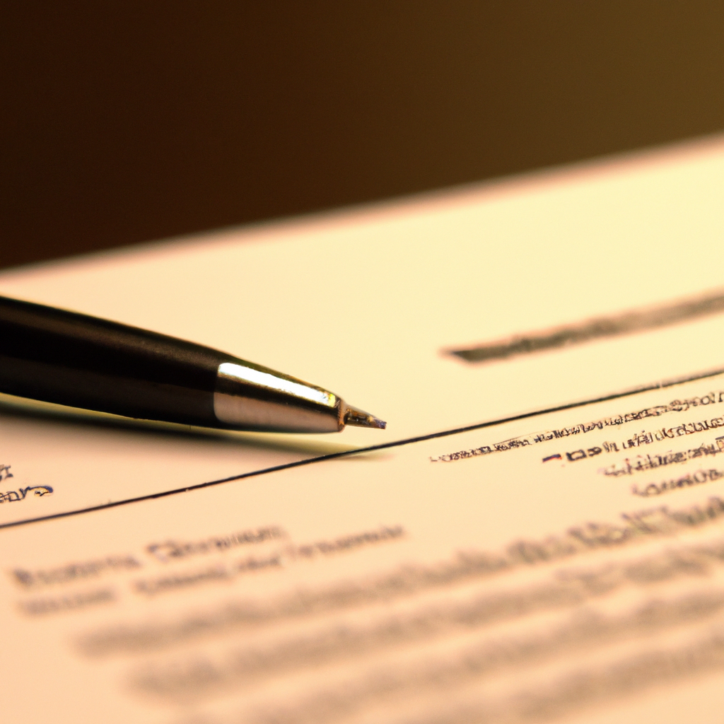 Primer plano de firma en documento legal con lapicera, bokeh suave, paleta de marca