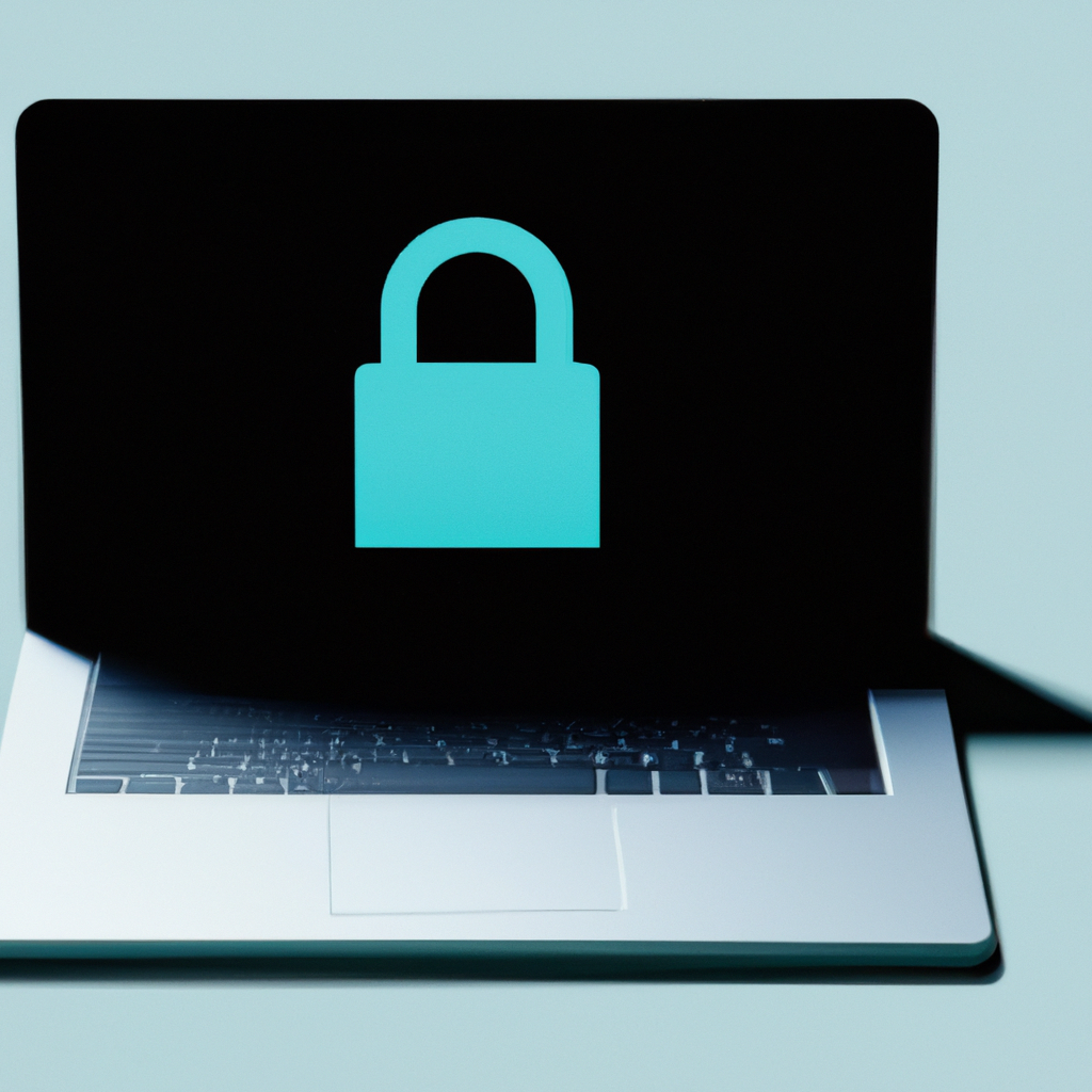 Notebook moderno con interfaz de candado, escritorio minimalista, sombras suaves, tonos azules y cian